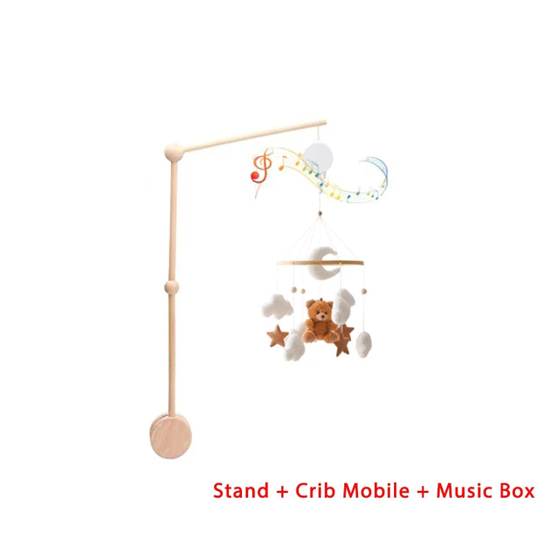 Mobile berceau en bois - Carillon musical ours feutre nouveau-né