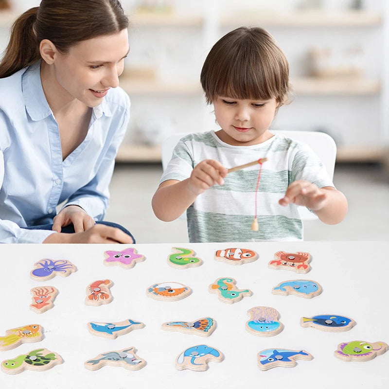 Jeu de pêche magnétique en bois - Animaux marins éducatif